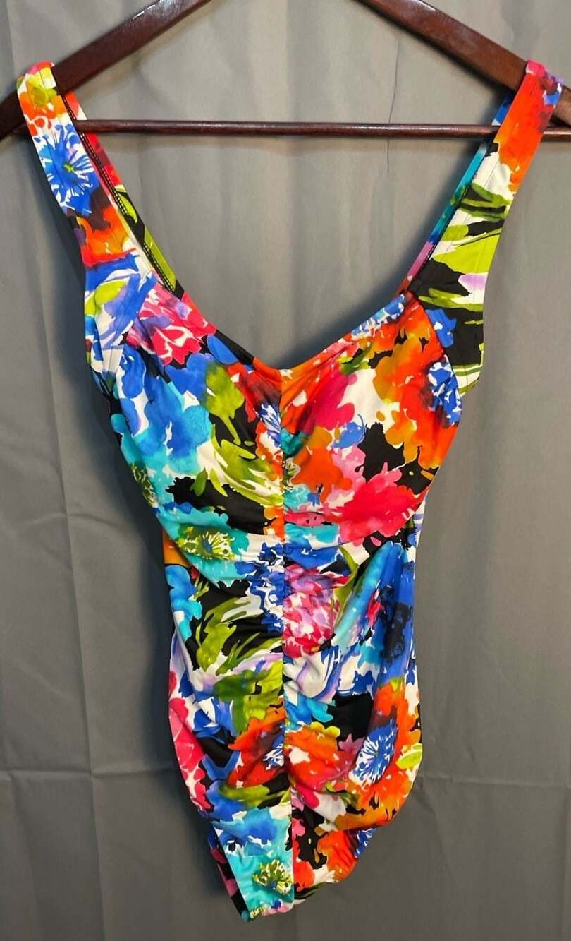 Azul Floral Print Ruched One-Piece Swimsuit Size 14 V-Neck Ruched Front Swimwear